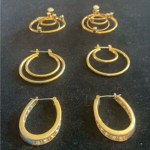 Vintage Prong & Pave Rhinestone Gold Tone Hoop Oval Earring Lot 3 Monet